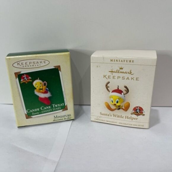 2 Hallmark Keepsake Miniature Tweety  Santa's Wittle Helper  Candy Cane Tweat - Picture 1 of 4